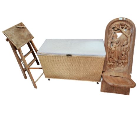 CARVED CHAIR OTTOMAN, LINEN AND STEP STOOLS 