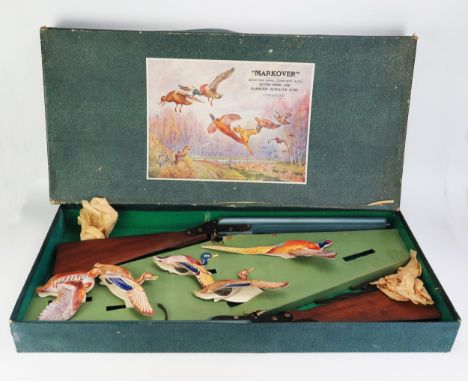 Chad Valley Markover Shooting Game 1950s, with Flying Birds and pair of Harmless Repeater Guns, cardboard birds sit upon hamm