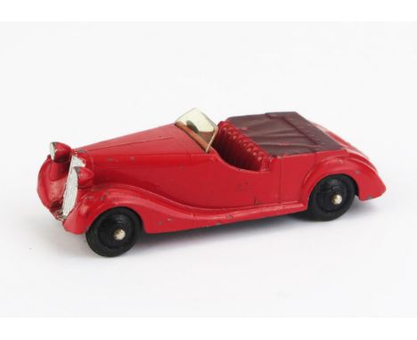 Dinky 38b Sunbeam Talbot Sports - red, maroon tonneau, silver edged windscreen, black ridged hubs - good/very good   but bend