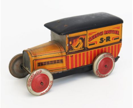 G De Andreis (France) Tinplate Peugeot 201 Delivery Van with yellow/red/black lithograph decoration, black hinged roof, Dunlo