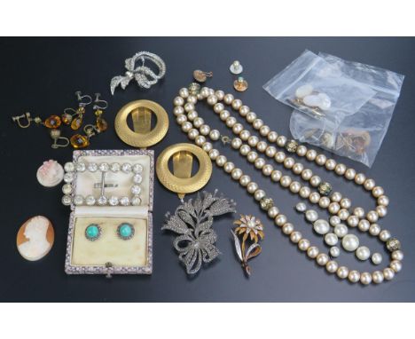 A Gilt Metal and untested Pearl Flower Brooch, marcasite jewellery, shell cameo, 15ct gold and turquoise stud (1.2g). 