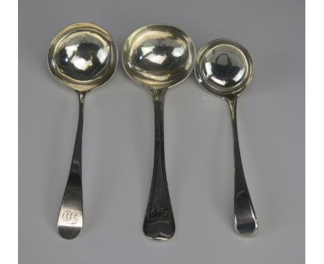 A George III silver Old English pattern sauce ladle, maker George Smith IV, London, 1800, together with two other silver sauc