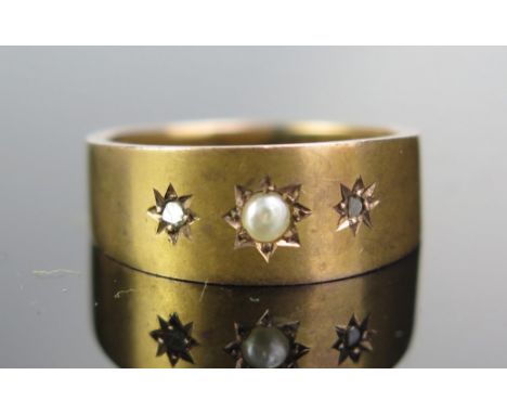 An Antique 9ct Gold, untested Pearl and Chip Diamond Gypsy Ring, Chester 1901, J.H.W., size L.25, 4.2g 