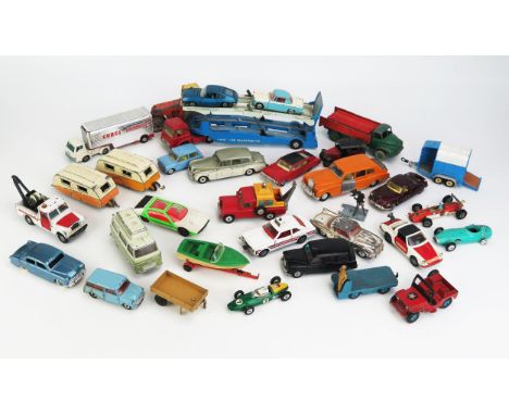 Corgi &amp; Dinky Playworn Collection including Bedford Carrimore Car Transporter, Citroen Le Dandy, Herald, Porsche, Mini, L