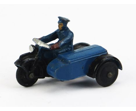 Dinky 43b RAC Motorcycle  - black motorcycle, blue tank, driver and sidecar, brown gloves, solid black rubber wheels - excell