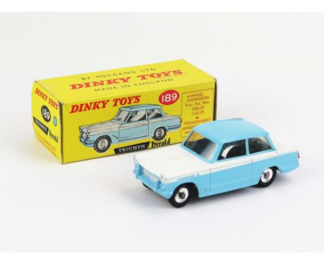 Dinky 189 Triumph Herald - two-tone pale blue/white, spun hubs, knobbly tyres, gloss black base - very near mint in very near
