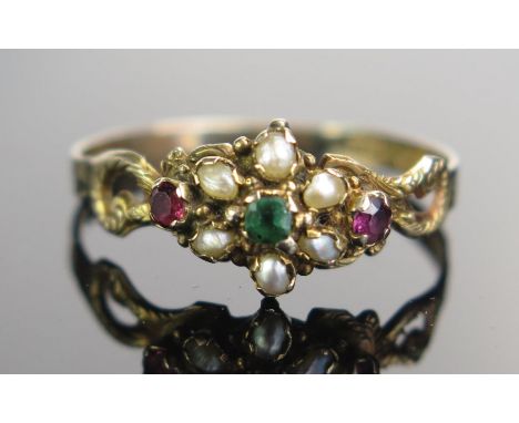 A Victorian 9ct Gold, Emerald, Ruby and pearl (untested) Locket Back Memorial Ring with glazed panel with woven hair to the b