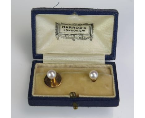 A Harrods Cased Pair of 9ct Gold and untested Pearl Studs, 2g 