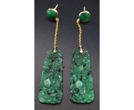 A Pair of Chinese Spinach Green Jadeite Pendant Earrings with carved and pierced decoration, suspended on a precious yellow m