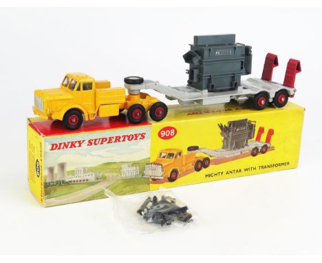 Dinky 908 Mighty Antar with Transformer - yellow tractor unit, light grey trailer, red ramps and grooved hubs, dark grey "Als