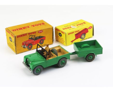 Dinky 340 Land Rover &amp; 341 Trailer - green body, black windscreen, light brown interior, tan driver green ridged hubs, gr