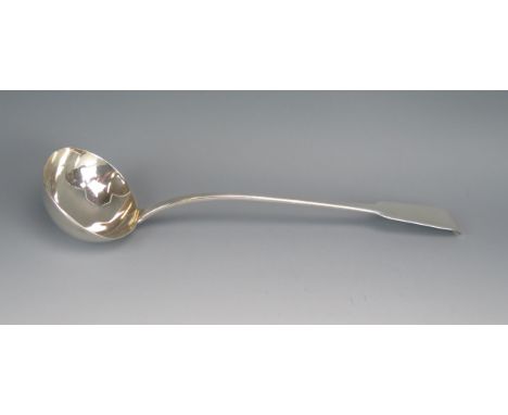 A William IV silver Fiddle pattern soup ladle, maker William Eaton, London, 1835, crested, 34.5cm long, 246gms, 7.91ozs 
