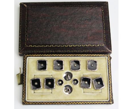 A Cased Set of Silver, Onyx and untested Pearl Studs 