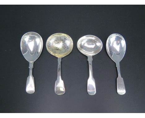 A collection of four assorted Fiddle pattern silver caddy spoons, various makers and dates, two initialled, total weight of s