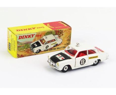 Dinky 212 Ford Cortina Rally Car - white, black bonnet, "East African Safari" and "Castrol" logos, black RN "8", chrome spotl