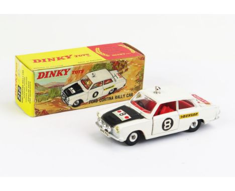 Dinky 212 Ford Cortina Rally Car - white, black bonnet, "East African Safari" and "Castrol" logos, black RN "8", chrome spotl