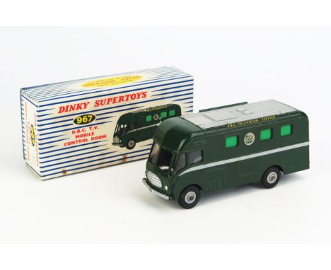 Dinky 967 BBC TV Control Room - dark green, "BBC Television Service", grey stripe, roof and grooved hubs - near mint in  near