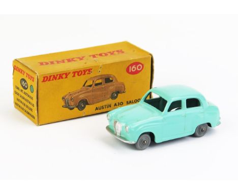 Dinky 160 Austin A30 Saloon - turquoise, solid smooth grey plastic wheels - very near mint in good correct colour spot pictur