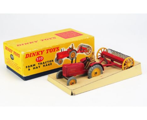 Dinky 310 Massey Harris Farm Tractor &amp; Hay Rake Set - red with yellow hubs/wheels, tan driver - excellent+ in excellent y