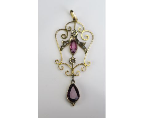 An untested Pearl and Semi Precious Stone Mounted Pendant, 59mm drop, 3g. One pearl missing and split to mount 