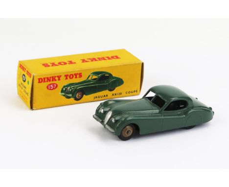 Dinky 157 Jaguar XK120 Coupe - dark sage, fawn ridged hubs - near mint in very near mint correct colour spot yellow picture b