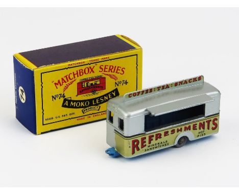 Matchbox Moko 74a Mobile Canteen - Stannard Code 13, silver, decal adverts, light blue base, 9x24 grey plastic wheels - near 