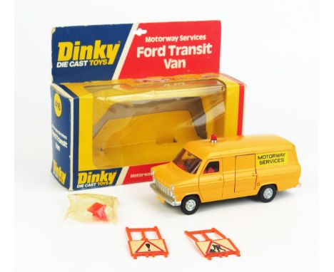 Dinky 416 Ford Transit "Motorway Services" Van - dark yellow, red interior and light, cast hubs, graphite grey base 2 signs a