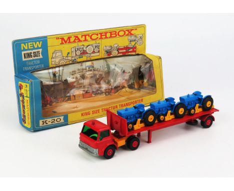 Matchbox King Size K20 Ford D800 Tractor Transporter, red cab, chassis and trailer, yellow fuel tanks and tractor clips, gree