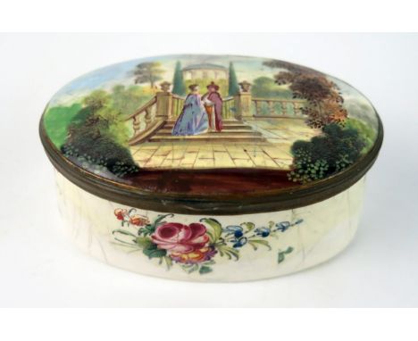 A 19th century Staffordshire enamel oval box, the hinged lid decorated with a view of an figures in an Italianate garden, wit