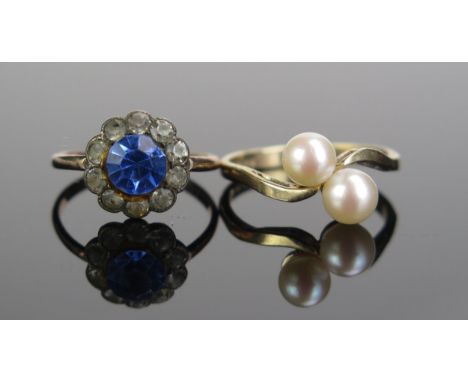 A 9ct Gold and Twin Pearl untested Crossover Ring (Birmingham hallmarks, size M, 2.1g) and an antique 9ct gold and paste ring
