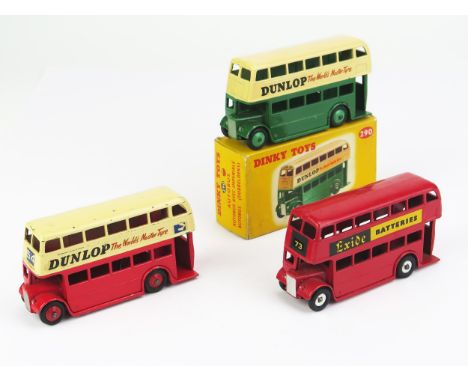 Dinky Double Deck Buses (all type 3 Leyland grilles) -  29c (290) x2 "Dunlop" red/cream and green/cream and 291 London Bus "E
