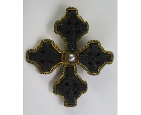 A Victorian Carved Bog Oak Celtic Cross and untested Pearl Brooch in a gilt metal mount, 46.5x40.5mm 