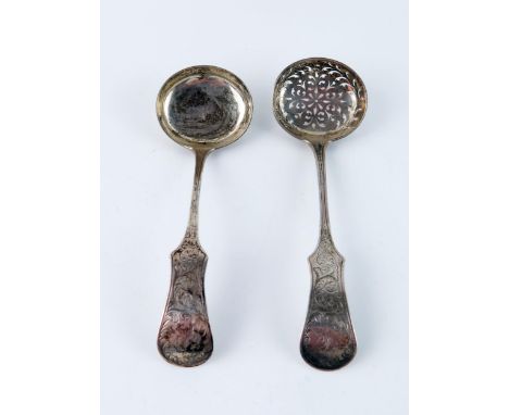 A Victorian provincial silver sifting spoon and matching sauce ladle, maker John Stone, Exeter, 1858, initialled, 67gms, 2.16