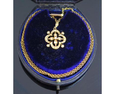 A Victorian 15ct Gold and untested Pearl Pendant on 1 15ct Gold chain with barrel clasp, pendant c. 29mm drop, 18" (45.5cm) c