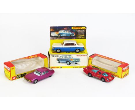 Dinky / Corgi trio to include Dinky 157 BMW 2000 Tilux, Corgi 284 Citroen SM in metallic purple and Corgi 385 Porsche 917 - g