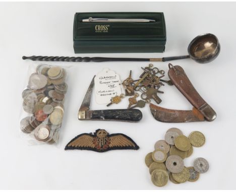 Two folding pocket knives, a Cross pen, a silver toddy ladle, RAF cloth wings, together with assorted coins. 