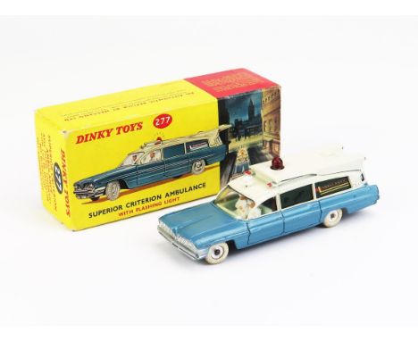Dinky 277 Superior Criterion Ambulance with Flashing Light - metallic blue, white roof and tyres, spun hubs, red roof light, 