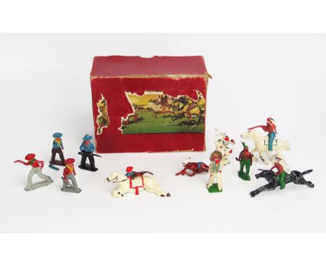 Johillco Cowboys &amp; Indians Set - 5 Cowboys (one taking cover behind Horse) and 6 Indians (2 mounted) generally good to ve