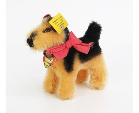 Steiff Vintage Terrier Dog "Terry" 1370/0 - black and biscuit colour, sienna brown ears, glass eyes, dark pink ribbon with be