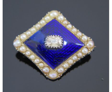 An Old Cut Diamond Brooch with a royal blue enamel surround with untested pearl set edges and in an unmarked high carat gold 