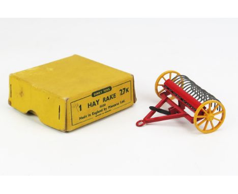 Dinky 27K Hay Rake - red frame, yellow wheels, wire tines - excellent+ in excellent plain yellow trade pack style box 