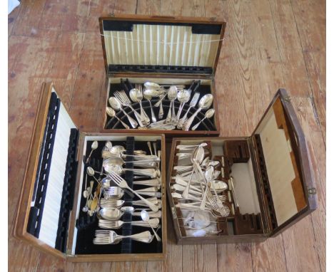 A silver plated Hanoverian pattern part flatware service, contained in an oak canteen, together with two other part flatwares