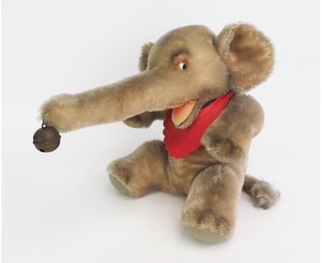 Vintage Plush Sitting Elephant with Bell, Probably Steiff (23cm tall) - very good but faded 