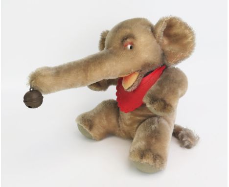 Vintage Plush Sitting Elephant with Bell, Probably Steiff (23cm tall) - very good but faded 