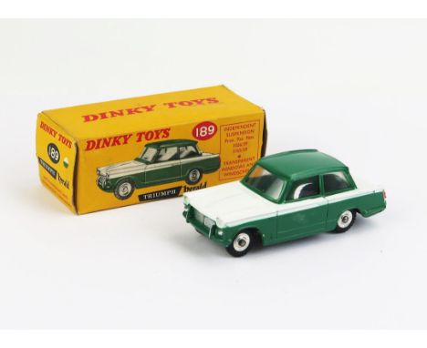 Dinky 189 Triumph Herald - two-tone dark green/white, spun hubs, knobbly tyres, gloss black base - near mint in good+ box 