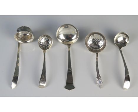 A George V silver trefoil sauce ladle, maker Horace Woodward &amp; Co Ltd, Birmingham, 1914, together with four other sifting