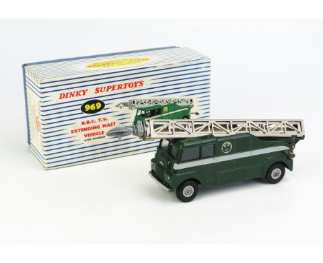 Dinky 969 BBC TV Extending Vehicle - dark green, grey stripe and grooved hubs, silver mast and dish aerial - near mint in exc