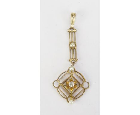 A 10K Gold, Pearl and Diamond Pendant, c. 40mm drop, .9g 