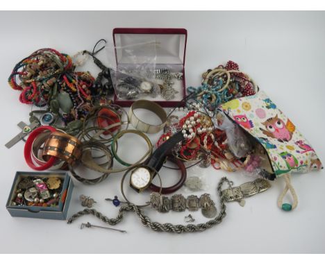 A Silver Fox Head and Whip Brooch, other silver and costume jewellery including beads and bangles 