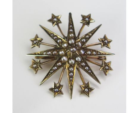 An Antique 9ct Gold and untested Pearl Star Brooch, full Chester hallmarks, maker HC&amp;S, 34mm, 5.4g 